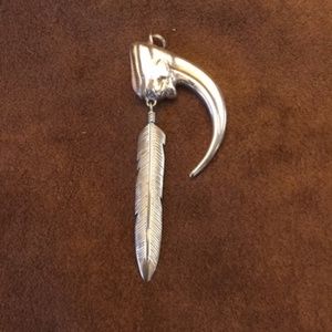 Native American Sterling Silver & Queen Pink stone Eagle Claw & Feather pendant